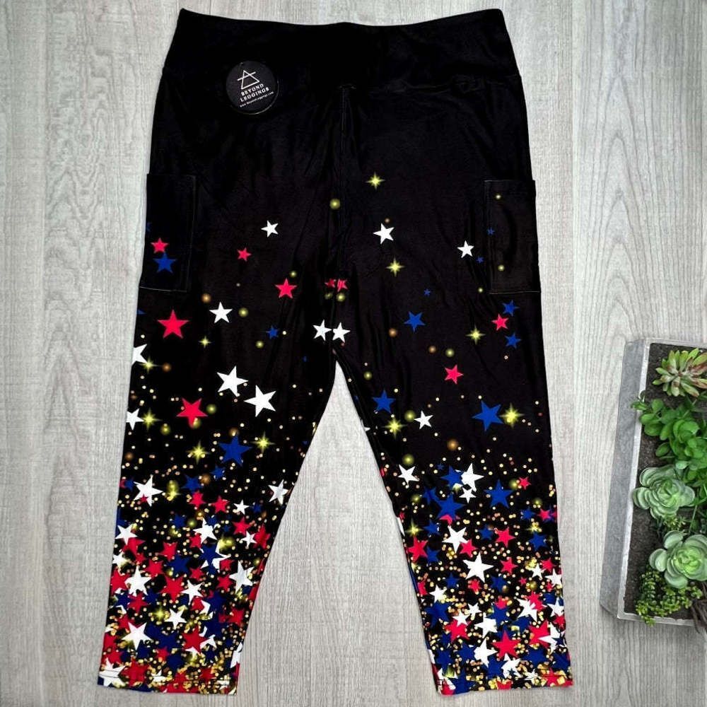 Falling Twinkle Star Print Capri Leggings w/ Pockets - Red White & Blue - Picture 3 of 4